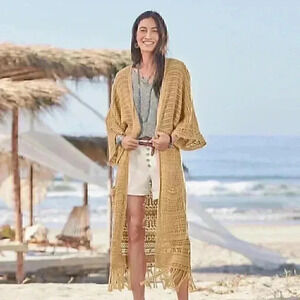 Beige Sundance Tassels Crochet Beach Boho Open Front Long Line Cardigan Sweater